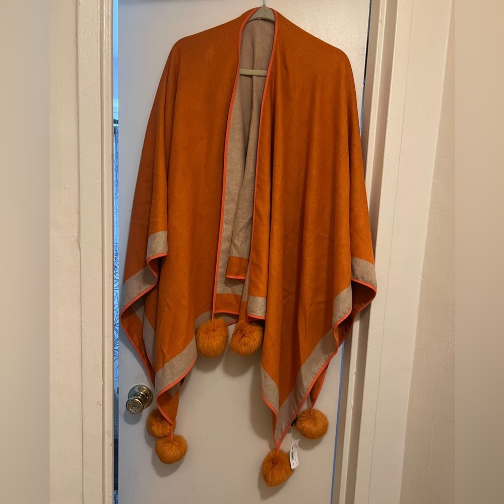 JAYLEY Orange Reversible Cashmere Wrap Cape with Faux Fur Poms